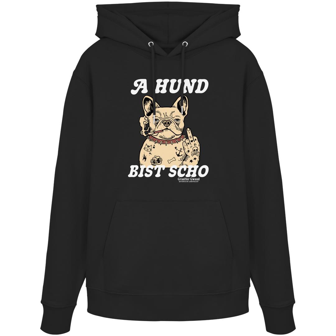 Schwarzer Unisex Hoodie mit Frontprint „A Hund bist scho“ und Bulldoggen-Motiv im Vintage-Stil – bayerischer Statement-Hoodie von Grantler Gwand.