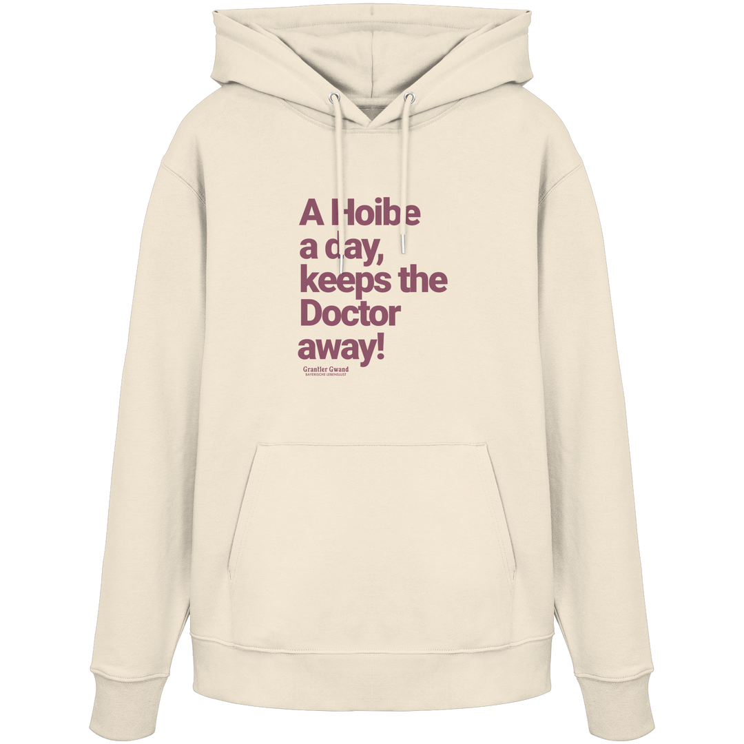 Cremefarbener Unisex Hoodie mit rotem typografischem Frontprint im minimalistischen Design – hochwertiger Organic Hoodie von Grantler Gwand.