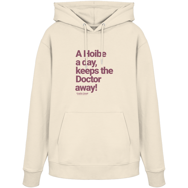 Cremefarbener Unisex Hoodie mit rotem typografischem Frontprint im minimalistischen Design – hochwertiger Organic Hoodie von Grantler Gwand.