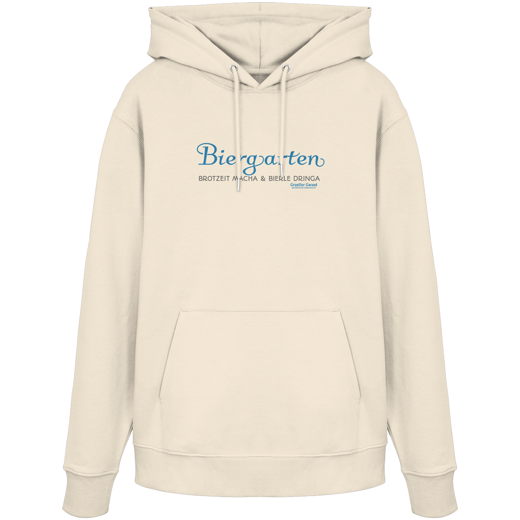 Cremefarbener Unisex Hoodie mit blauem „Biergarten“-Frontprint – bayerische Streetwear von Grantler Gwand im minimalistischen Look.