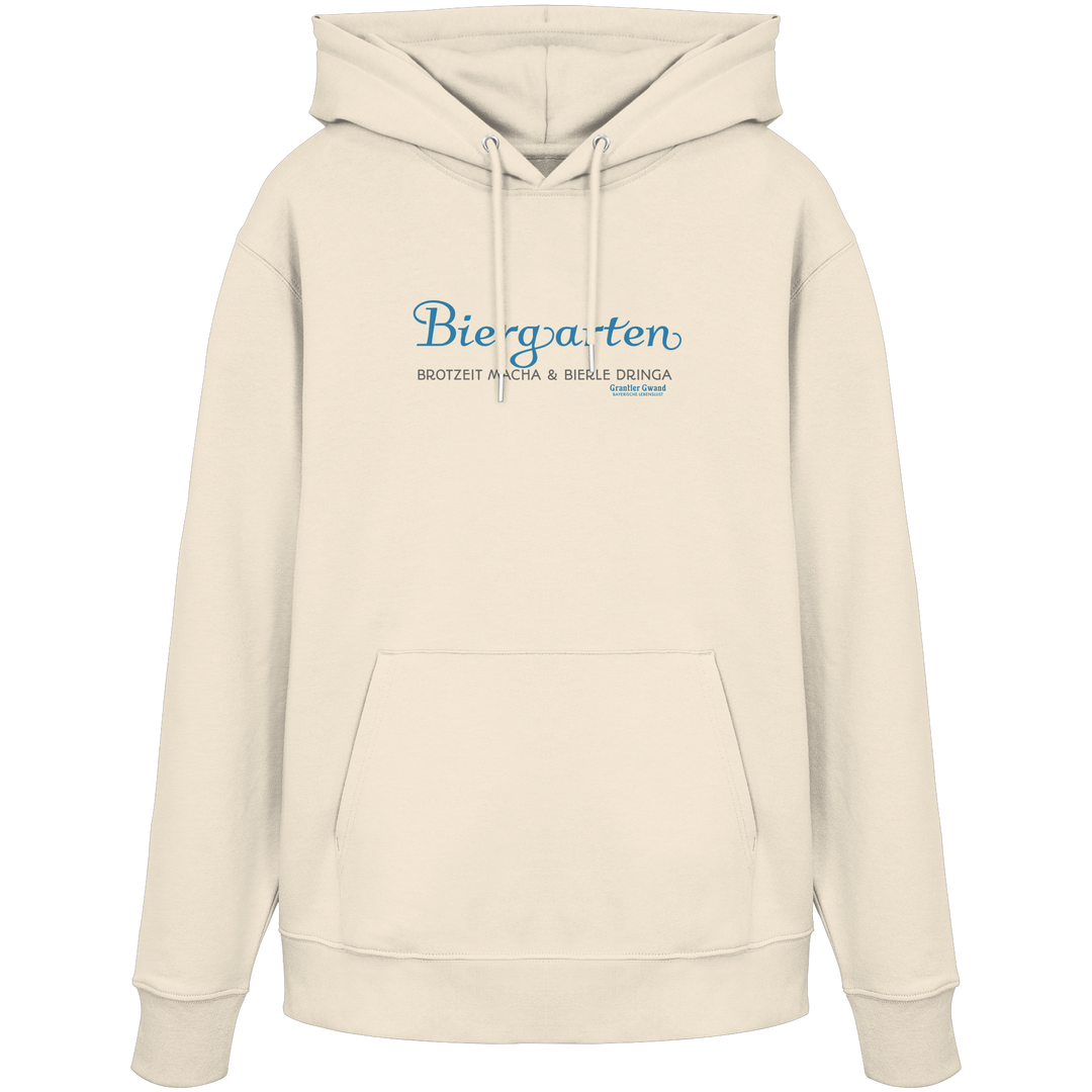 Cremefarbener Unisex Hoodie mit blauem „Biergarten“-Frontprint – bayerische Streetwear von Grantler Gwand im minimalistischen Look.