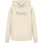 Cremefarbener Unisex Hoodie mit blauem „Biergarten“-Frontprint – bayerische Streetwear von Grantler Gwand im minimalistischen Look.