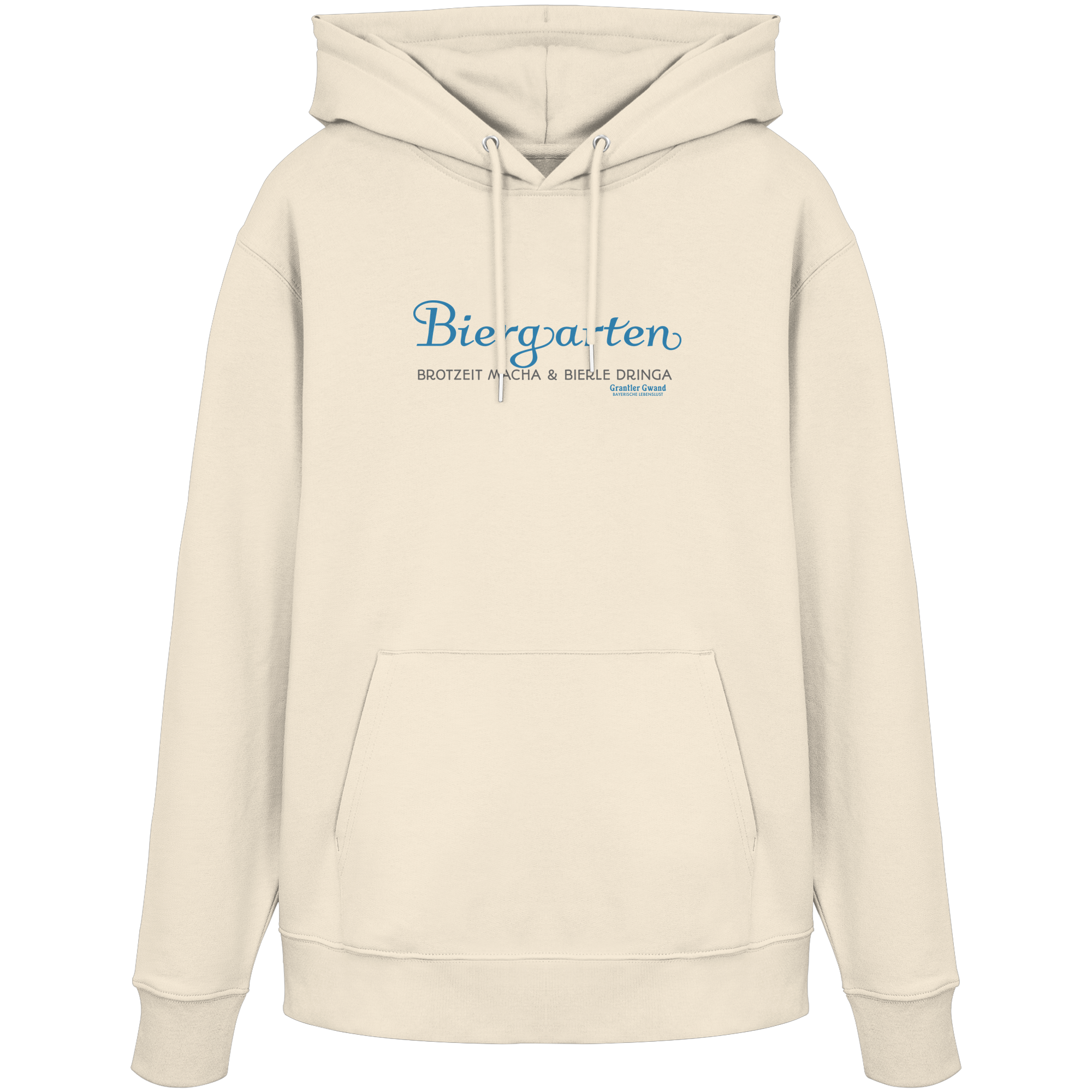 Cremefarbener Unisex Hoodie mit blauem „Biergarten“-Frontprint – bayerische Streetwear von Grantler Gwand im minimalistischen Look.