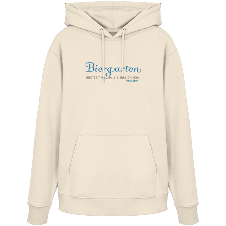 Cremefarbener Unisex Hoodie mit blauem „Biergarten“-Frontprint – bayerische Streetwear von Grantler Gwand im minimalistischen Look.