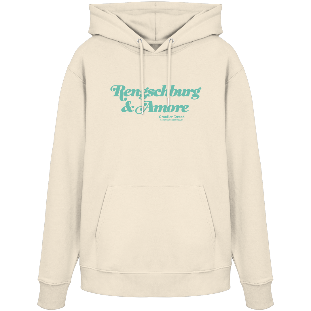 Cremefarbener Unisex Hoodie von Grantler Gwand mit mintgrünem Frontprint „Regensburg &amp; Amore“ im Retro-Schriftzug – bayerischer Streetwear Hoodie für Regensburg, Donau und Alltag.