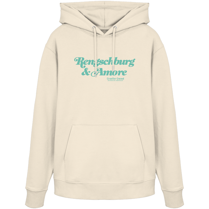 Cremefarbener Unisex Hoodie von Grantler Gwand mit mintgrünem Frontprint „Regensburg &amp; Amore“ im Retro-Schriftzug – bayerischer Streetwear Hoodie für Regensburg, Donau und Alltag.