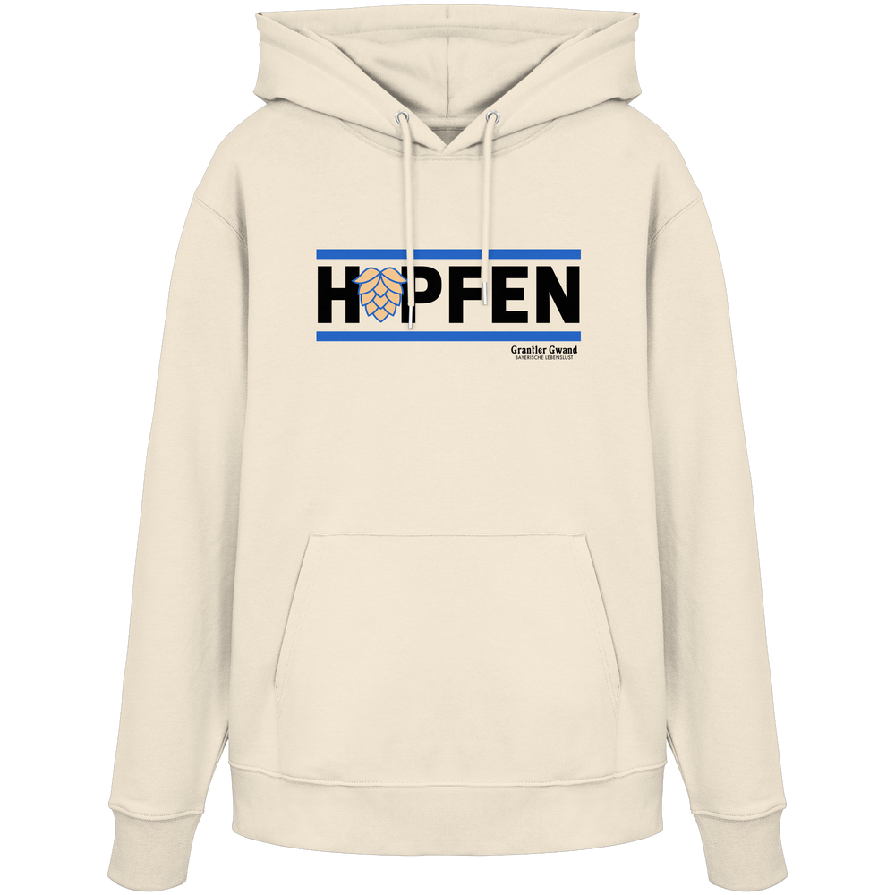 Naturfarbener Hoodie mit modernem Hopfen-Frontprint in Blau und Schwarz von Grantler Gwand.