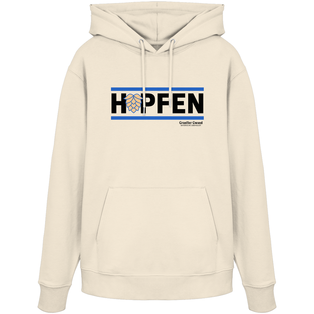Naturfarbener Hoodie mit modernem Hopfen-Frontprint in Blau und Schwarz von Grantler Gwand.