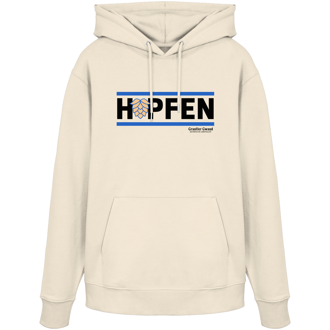 Naturfarbener Hoodie mit modernem Hopfen-Frontprint in Blau und Schwarz von Grantler Gwand.