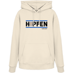 Naturfarbener Hoodie mit modernem Hopfen-Frontprint in Blau und Schwarz von Grantler Gwand.
