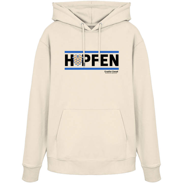 Naturfarbener Hoodie mit modernem Hopfen-Frontprint in Blau und Schwarz von Grantler Gwand.