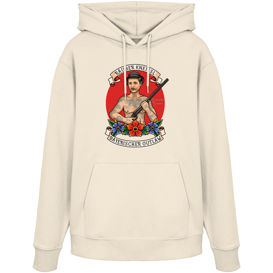 Beiger Räuber Kneissl Unisex Hoodie mit markantem Frontprint im Tattoo-Style. Unisex Kapuzenpullover aus Baumwollmischung mit bayerischem Motiv. Streetwear Hoodie, designed und bedruckt in Bayern von Grantler Gwand.