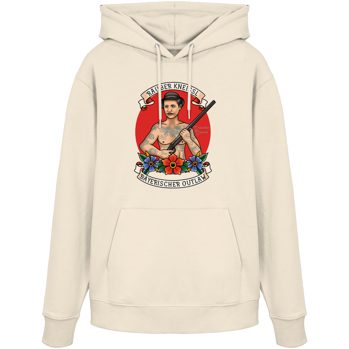 Beiger Räuber Kneissl Unisex Hoodie mit markantem Frontprint im Tattoo-Style. Unisex Kapuzenpullover aus Baumwollmischung mit bayerischem Motiv. Streetwear Hoodie, designed und bedruckt in Bayern von Grantler Gwand.