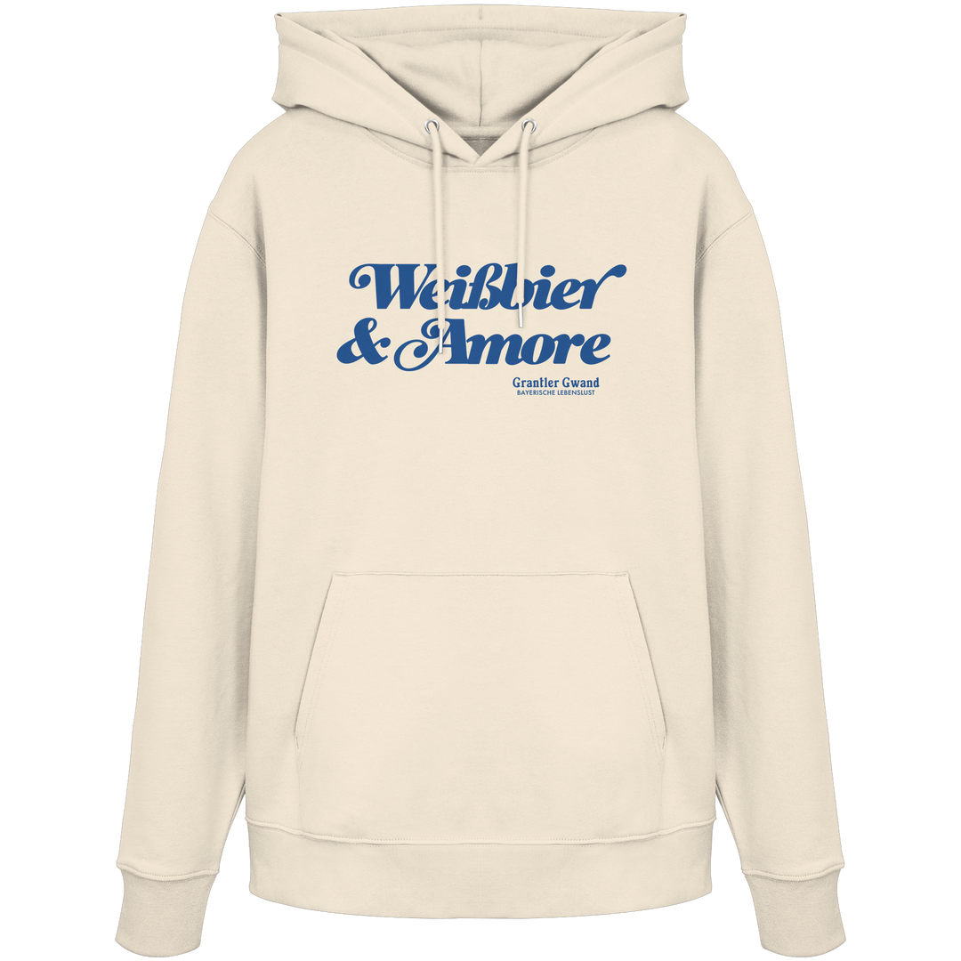 Beiger Unisex-Hoodie mit blauem Frontprint „Weißbier & Amore“. Moderner Hoodie mit bayerischem Statement für Biergarten, Volksfest und Alltag. Hochwertige Qualität, designed und bedruckt in Bayern von Grantler Gwand.