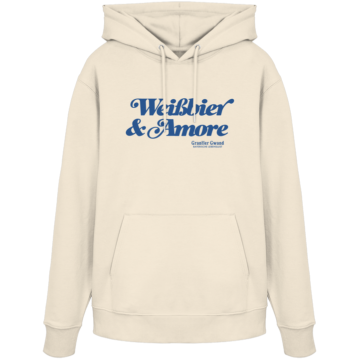 Beiger Unisex-Hoodie mit blauem Frontprint „Weißbier &amp; Amore“. Moderner Hoodie mit bayerischem Statement für Biergarten, Volksfest und Alltag. Hochwertige Qualität, designed und bedruckt in Bayern von Grantler Gwand.