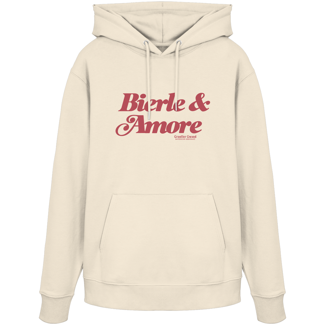 CremefarbenerUnisex Hoodie mit rotem „Bierle &amp; Amore“-Frontprint – bayerische Streetwear von Grantler Gwand im modernen, minimalistischen Look.