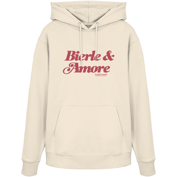 CremefarbenerUnisex Hoodie mit rotem „Bierle &amp; Amore“-Frontprint – bayerische Streetwear von Grantler Gwand im modernen, minimalistischen Look.