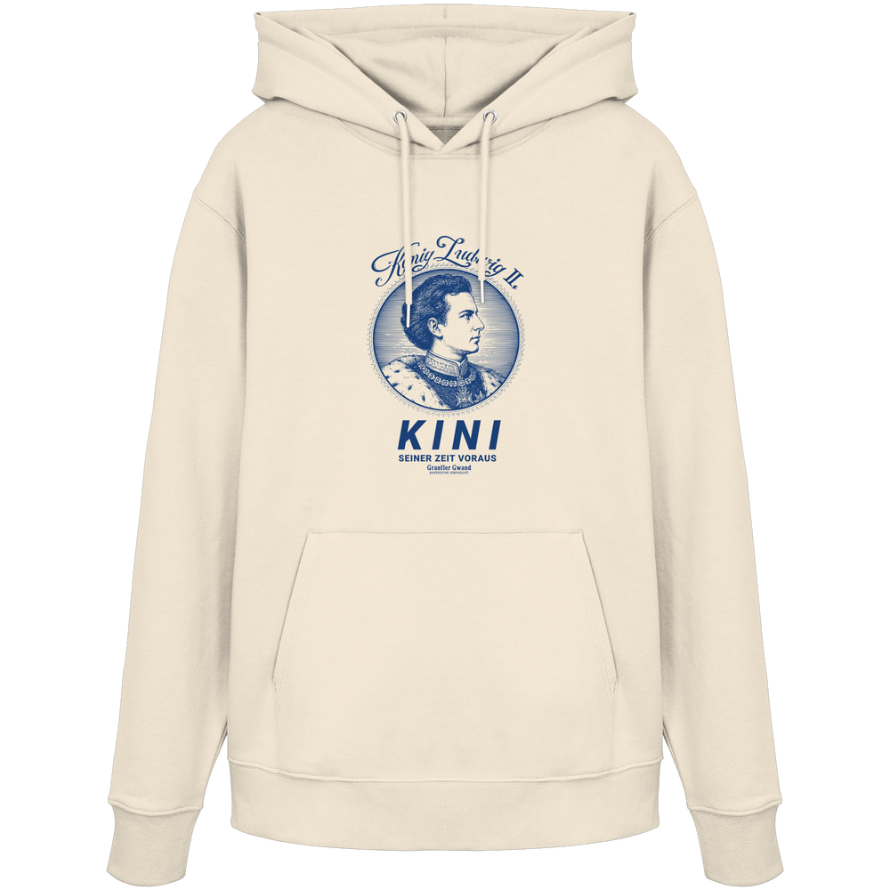 „Beiger Unisex Hoodie mit blauem Frontprint 'Kini – Seiner Zeit voraus' und Vintage-Illustration von König Ludwig II. im modernen Streetwear-Stil von Grantler Gwand.“