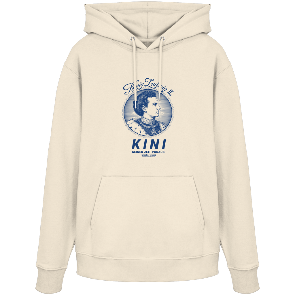 „Beiger Unisex Hoodie mit blauem Frontprint 'Kini – Seiner Zeit voraus' und Vintage-Illustration von König Ludwig II. im modernen Streetwear-Stil von Grantler Gwand.“