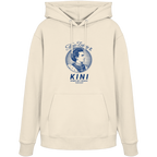 „Beiger Unisex Hoodie mit blauem Frontprint 'Kini – Seiner Zeit voraus' und Vintage-Illustration von König Ludwig II. im modernen Streetwear-Stil von Grantler Gwand.“
