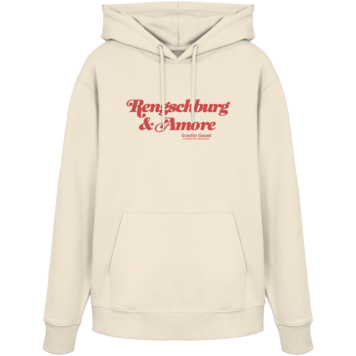 Cremefarbener Unisex Hoodie von Grantler Gwand mit rotem Frontprint „Regensburg &amp; Amore“ im Retro-Schriftzug – bayerischer Streetwear Hoodie für Regensburg, Donau und Alltag.