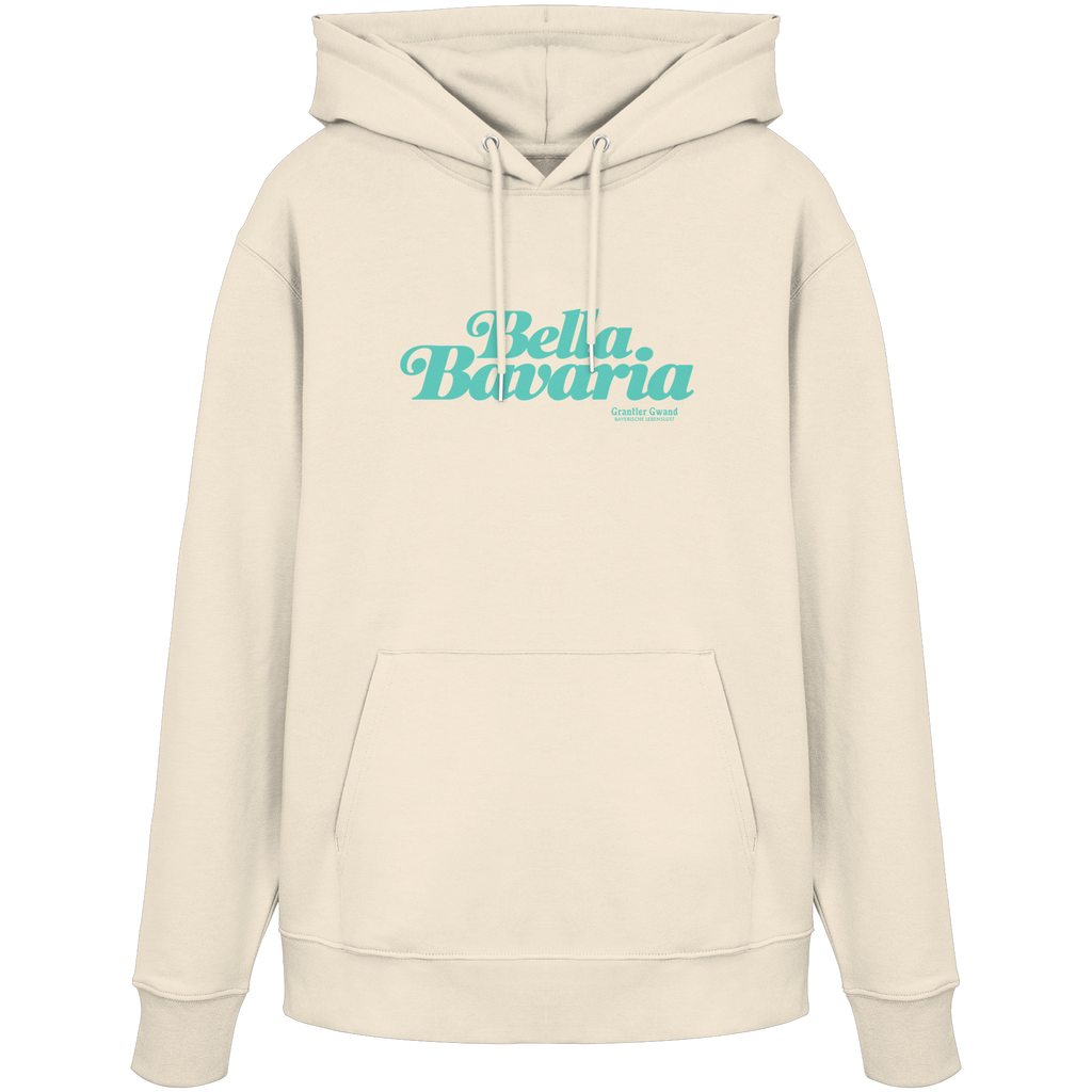 Cremefarbener Unisex Hoodie mit grünem „Bella Bavaria“-Frontprint – bayerische Streetwear von Grantler Gwand im modernen, minimalistischen Design.