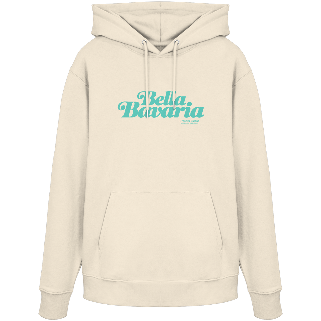 Cremefarbener Unisex Hoodie mit grünem „Bella Bavaria“-Frontprint – bayerische Streetwear von Grantler Gwand im modernen, minimalistischen Design.