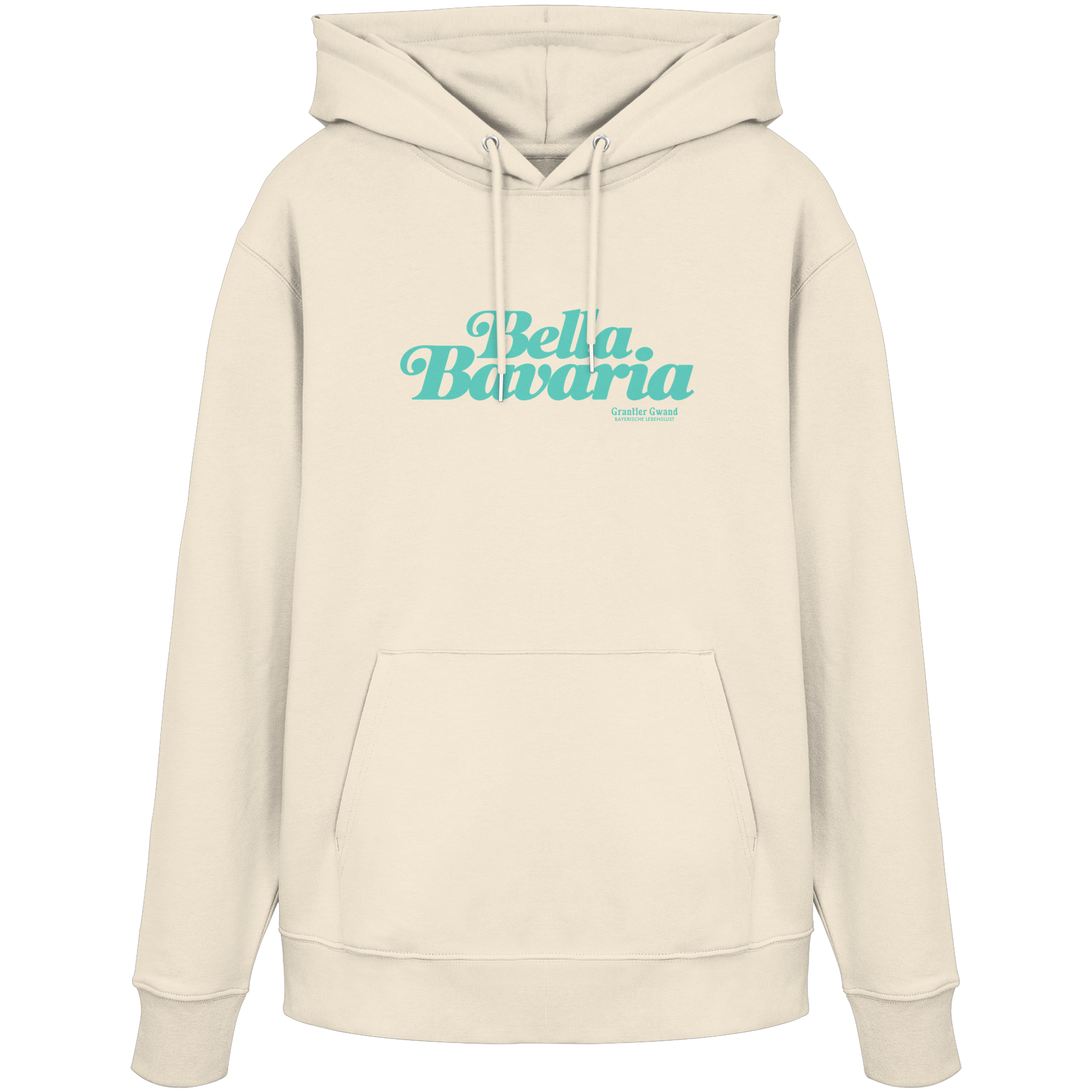 Cremefarbener Unisex Hoodie mit grünem „Bella Bavaria“-Frontprint – bayerische Streetwear von Grantler Gwand im modernen, minimalistischen Design.