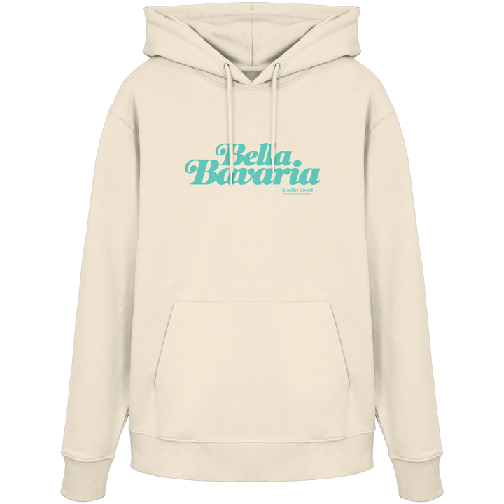 Cremefarbener Unisex Hoodie mit grünem „Bella Bavaria“-Frontprint – bayerische Streetwear von Grantler Gwand im modernen, minimalistischen Design.