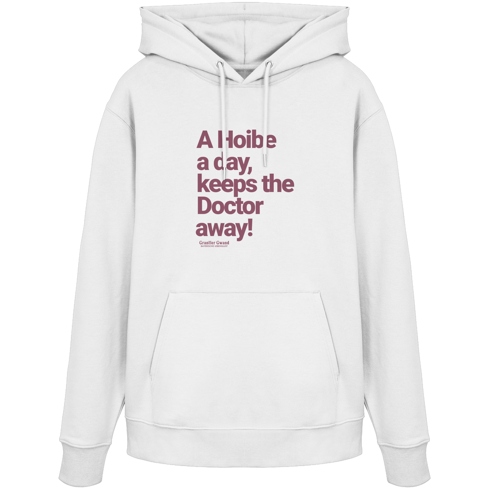 Weißer Unisex Hoodie mit rotem typografischem Frontprint im minimalistischen Design – hochwertiger Organic Hoodie von Grantler Gwand.