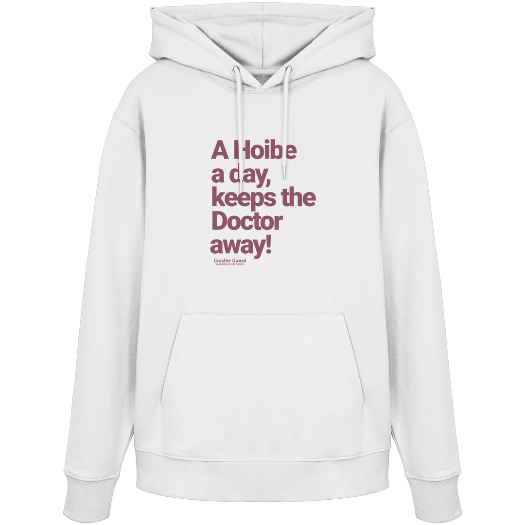 Weißer Unisex Hoodie mit rotem typografischem Frontprint im minimalistischen Design – hochwertiger Organic Hoodie von Grantler Gwand.