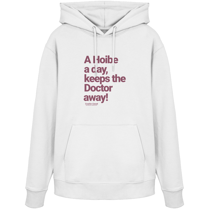 Weißer Unisex Hoodie mit rotem typografischem Frontprint im minimalistischen Design – hochwertiger Organic Hoodie von Grantler Gwand.