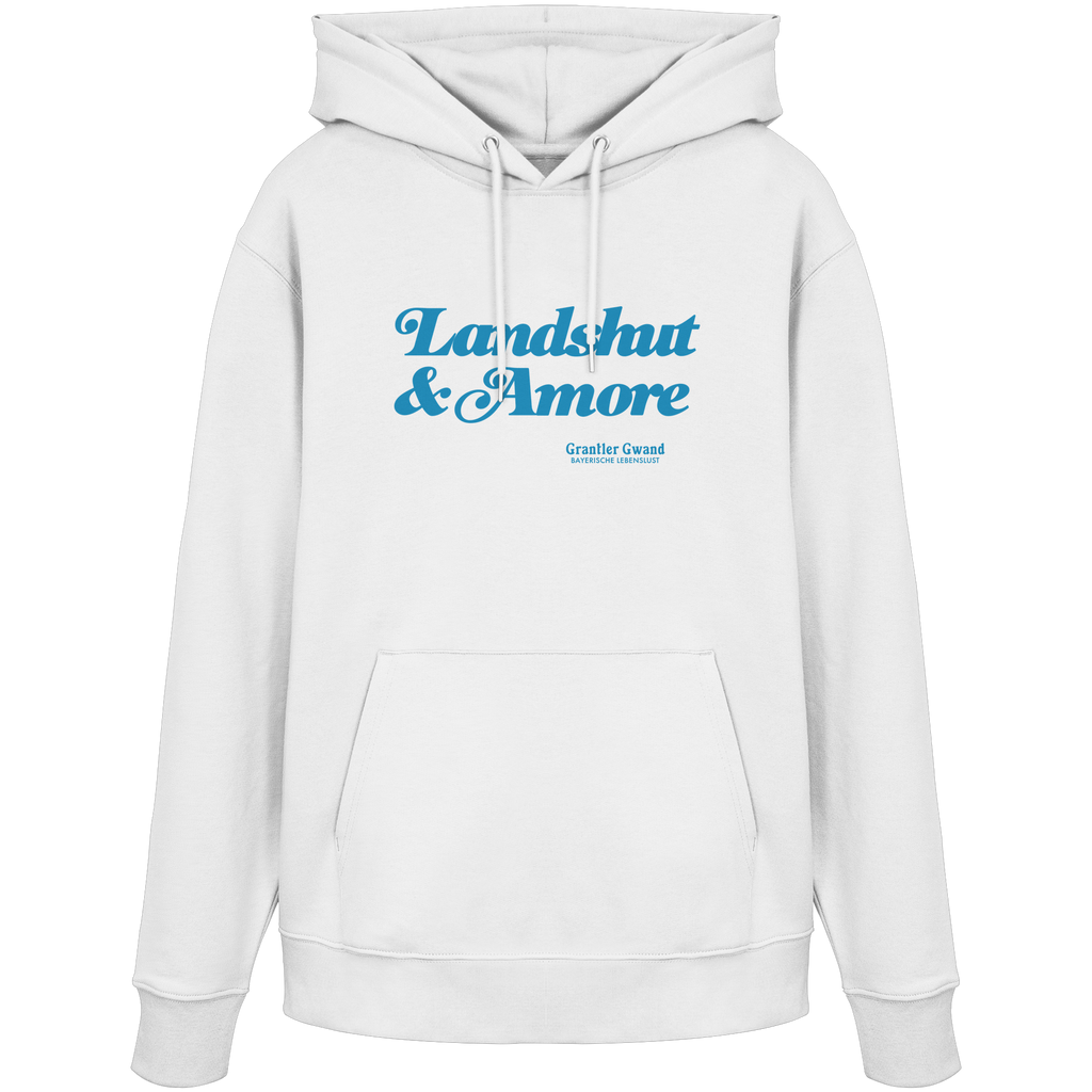 Weißer Unisex Hoodie mit blauem „Landshut & Amore“-Frontprint – bayerische Streetwear von Grantler Gwand im modernen, minimalistischen Look.