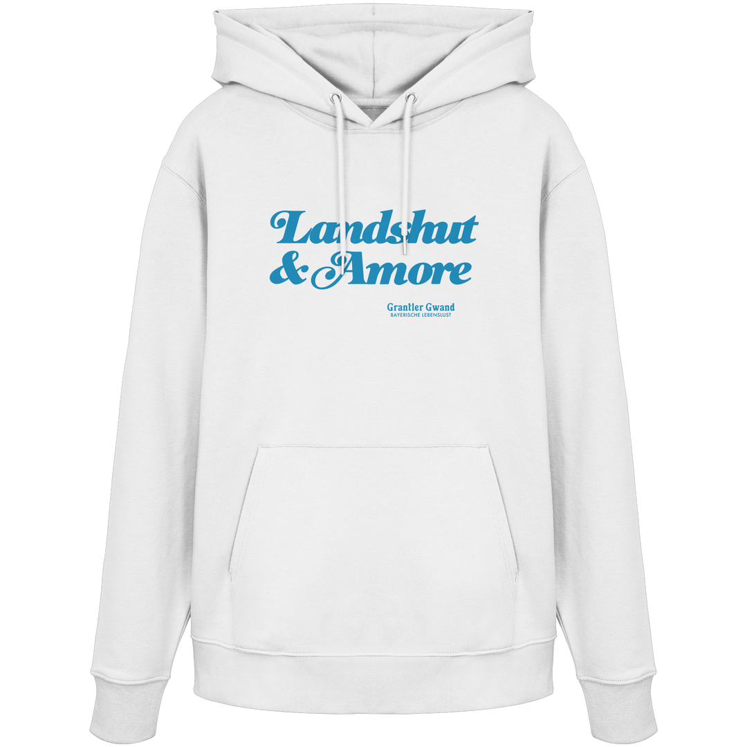 Weißer Unisex Hoodie mit blauem „Landshut & Amore“-Frontprint – bayerische Streetwear von Grantler Gwand im modernen, minimalistischen Look.