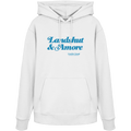 Weißer Unisex Hoodie mit blauem „Landshut & Amore“-Frontprint – bayerische Streetwear von Grantler Gwand im modernen, minimalistischen Look.