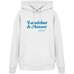 Weißer Unisex Hoodie mit blauem „Landshut & Amore“-Frontprint – bayerische Streetwear von Grantler Gwand im modernen, minimalistischen Look.