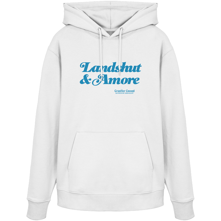 Weißer Unisex Hoodie mit blauem „Landshut &amp; Amore“-Frontprint – bayerische Streetwear von Grantler Gwand im modernen, minimalistischen Look.