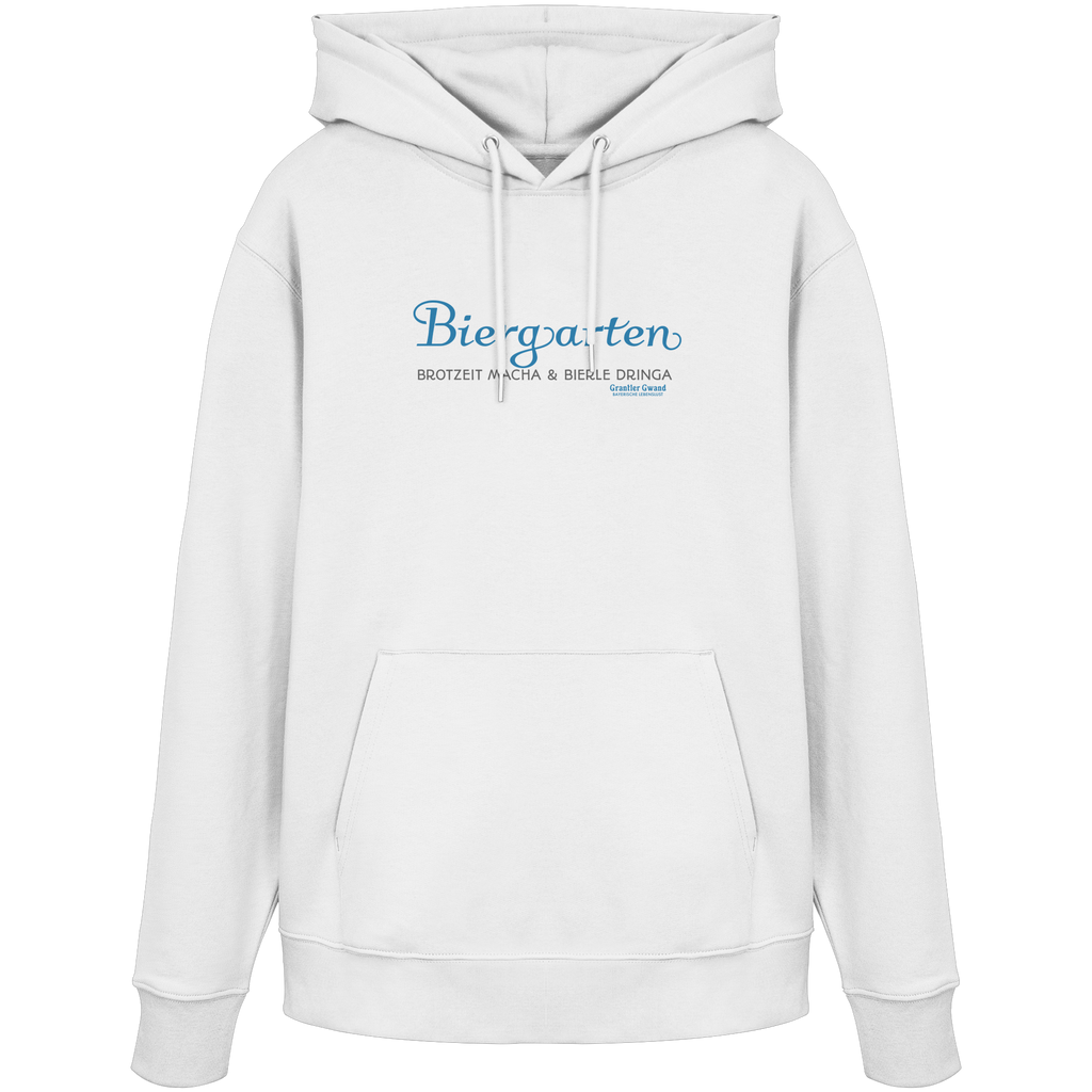 Weißer Unisex Hoodie mit blauem „Biergarten“-Frontprint – bayerische Streetwear von Grantler Gwand im minimalistischen Look.