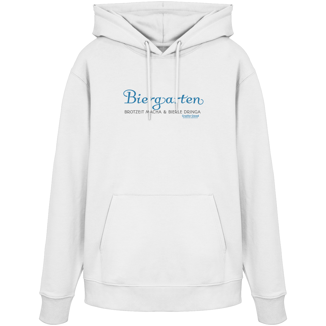 Weißer Unisex Hoodie mit blauem „Biergarten“-Frontprint – bayerische Streetwear von Grantler Gwand im minimalistischen Look.