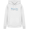 Weißer Unisex Hoodie mit blauem „Biergarten“-Frontprint – bayerische Streetwear von Grantler Gwand im minimalistischen Look.