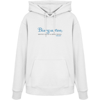 Weißer Unisex Hoodie mit blauem „Biergarten“-Frontprint – bayerische Streetwear von Grantler Gwand im minimalistischen Look.