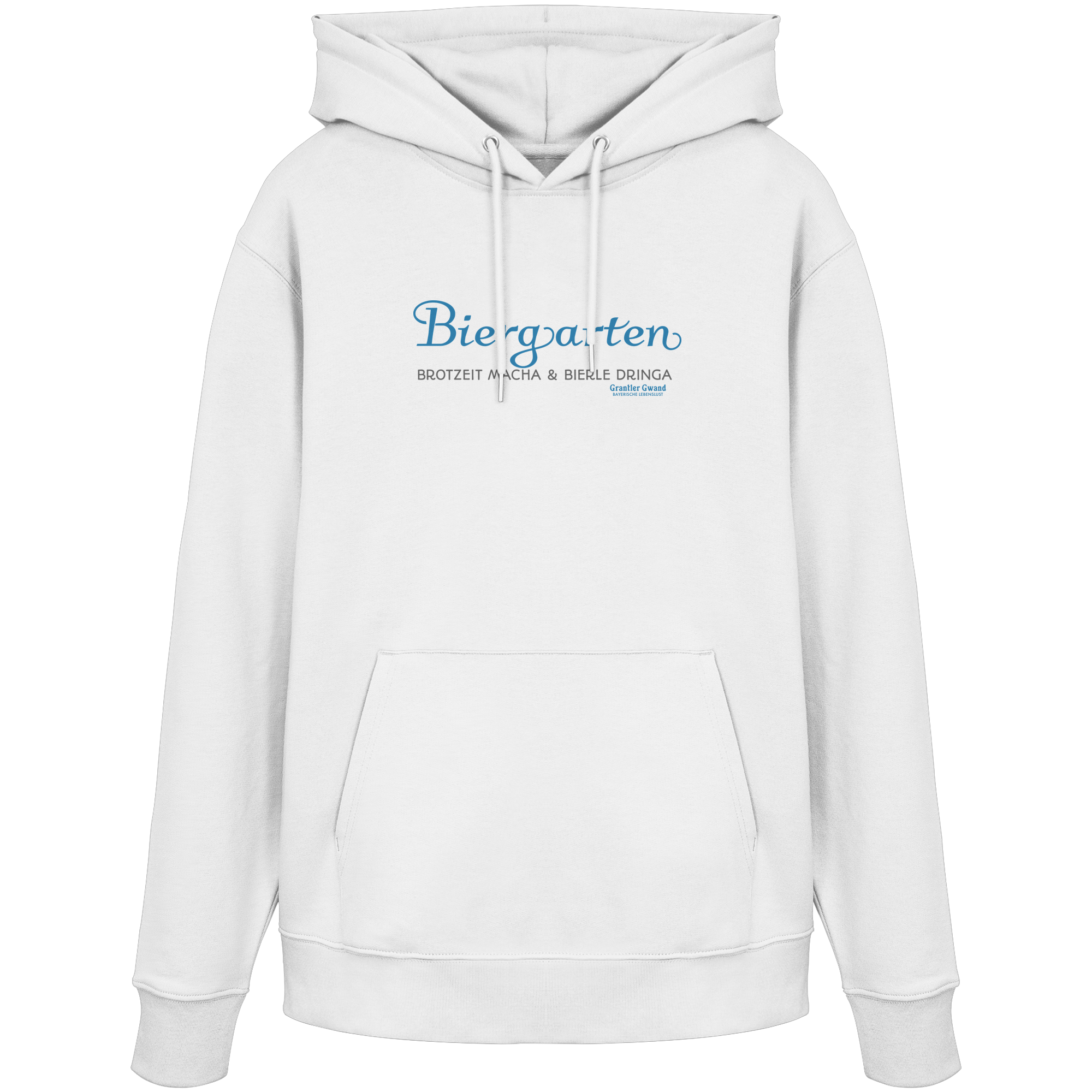 Weißer Unisex Hoodie mit blauem „Biergarten“-Frontprint – bayerische Streetwear von Grantler Gwand im minimalistischen Look.