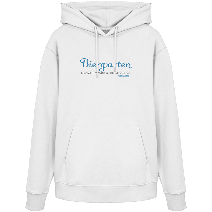 Weißer Unisex Hoodie mit blauem „Biergarten“-Frontprint – bayerische Streetwear von Grantler Gwand im minimalistischen Look.