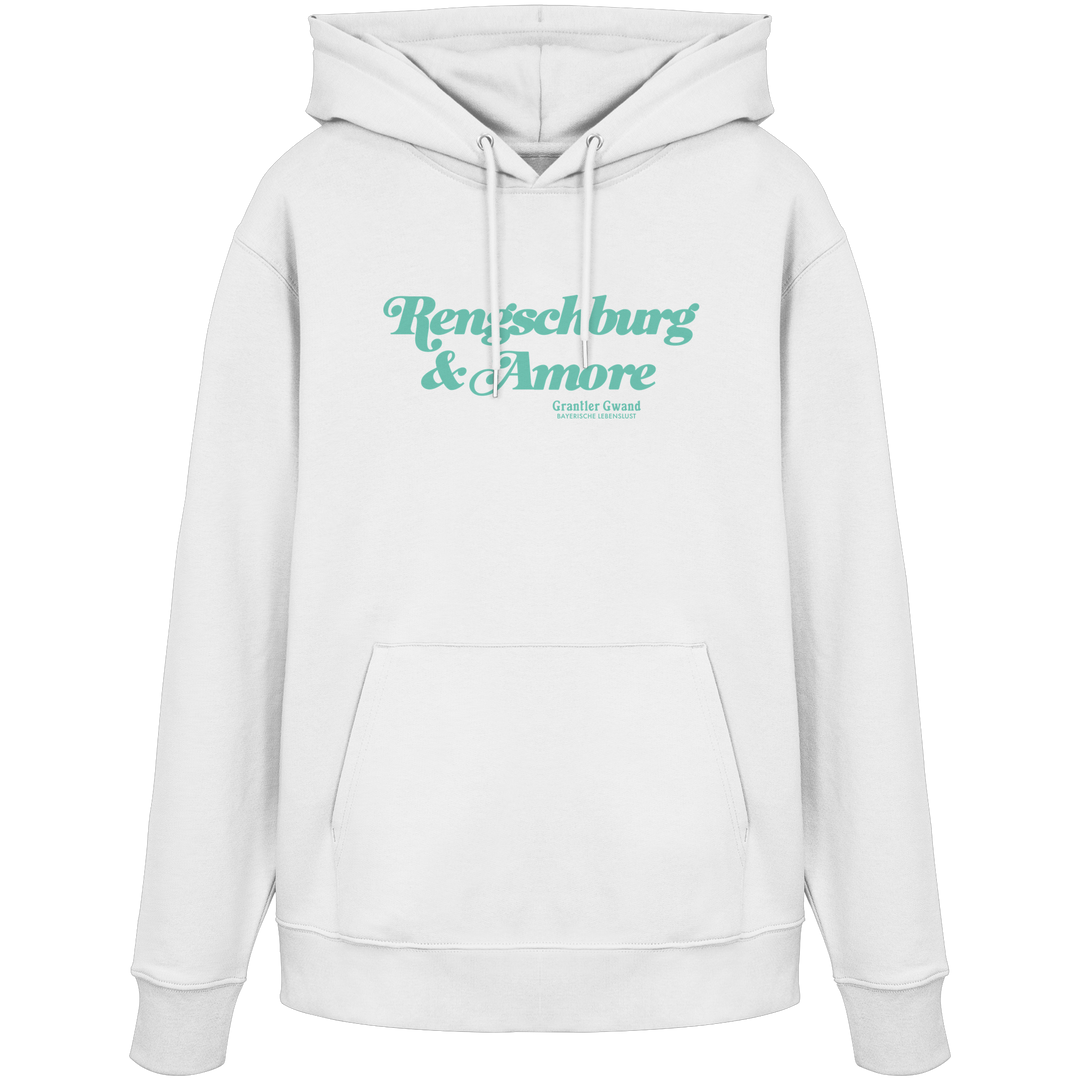 Weißer Unisex Hoodie von Grantler Gwand mit mintgrünem Frontprint „Regensburg &amp; Amore“ im Retro-Schriftzug – bayerischer Streetwear Hoodie für Regensburg, Donau und Alltag.