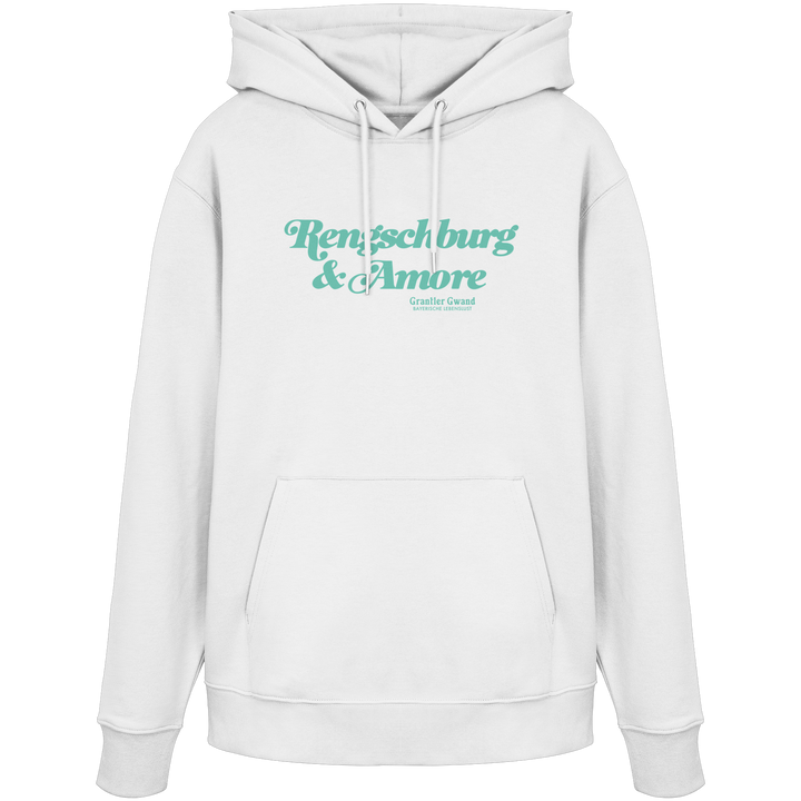 Weißer Unisex Hoodie von Grantler Gwand mit mintgrünem Frontprint „Regensburg &amp; Amore“ im Retro-Schriftzug – bayerischer Streetwear Hoodie für Regensburg, Donau und Alltag.