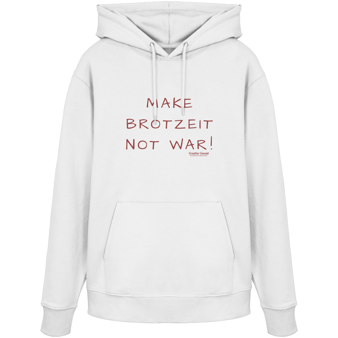 Weißer Hoodie mit dem Schriftzug „Make Brotzeit Not War“ auf der Vorderseite von Grantler Gwand.