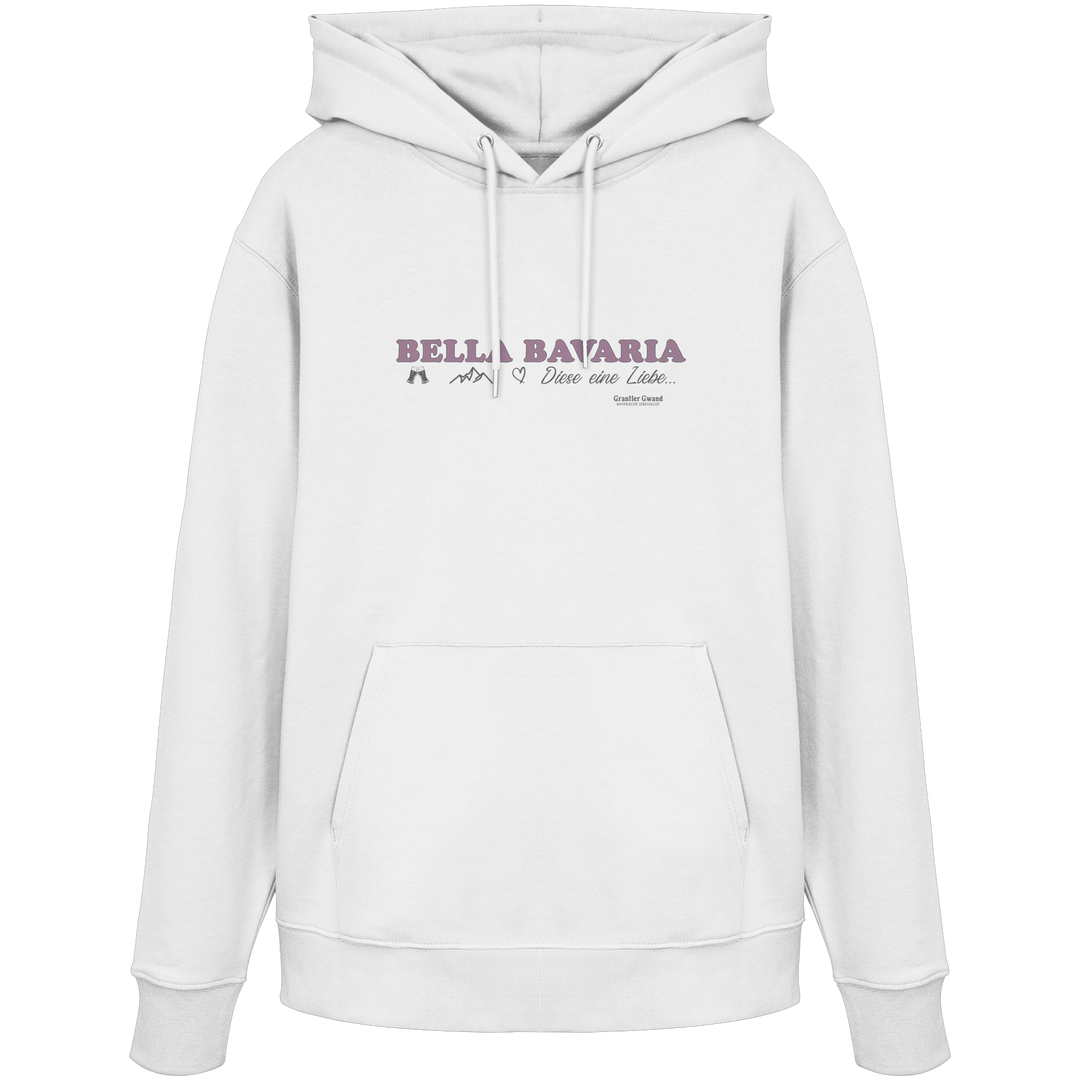 Weißer Hoodie mit dezentem Frontprint „Bella Bavaria – Diese eine Liebe“ von Grantler Gwand.