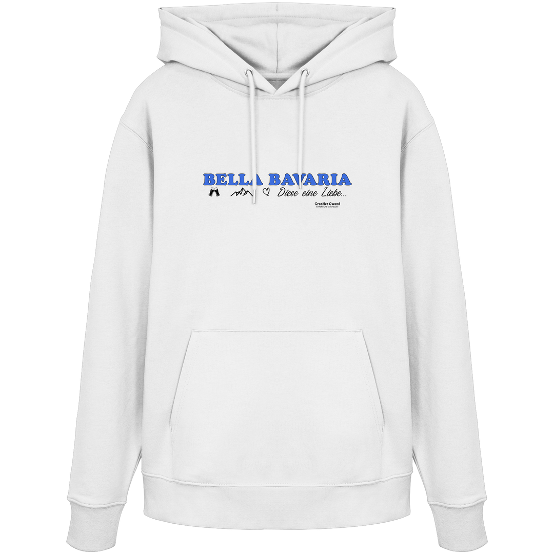 Weißer Hoodie mit dezentem Frontprint „Bella Bavaria – Diese eine Liebe“ von Grantler Gwand.