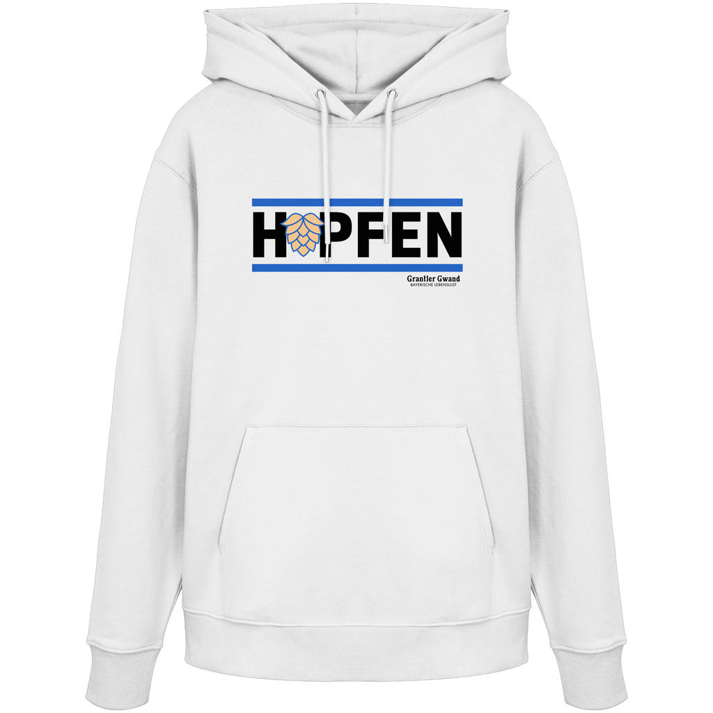Weißer Hoodie mit modernem Hopfen-Frontprint in Blau und Schwarz von Grantler Gwand.