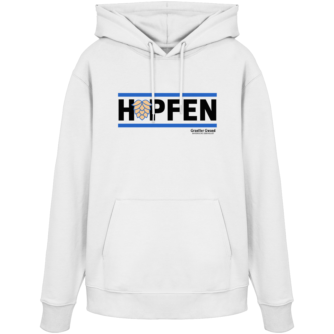 Weißer Hoodie mit modernem Hopfen-Frontprint in Blau und Schwarz von Grantler Gwand.